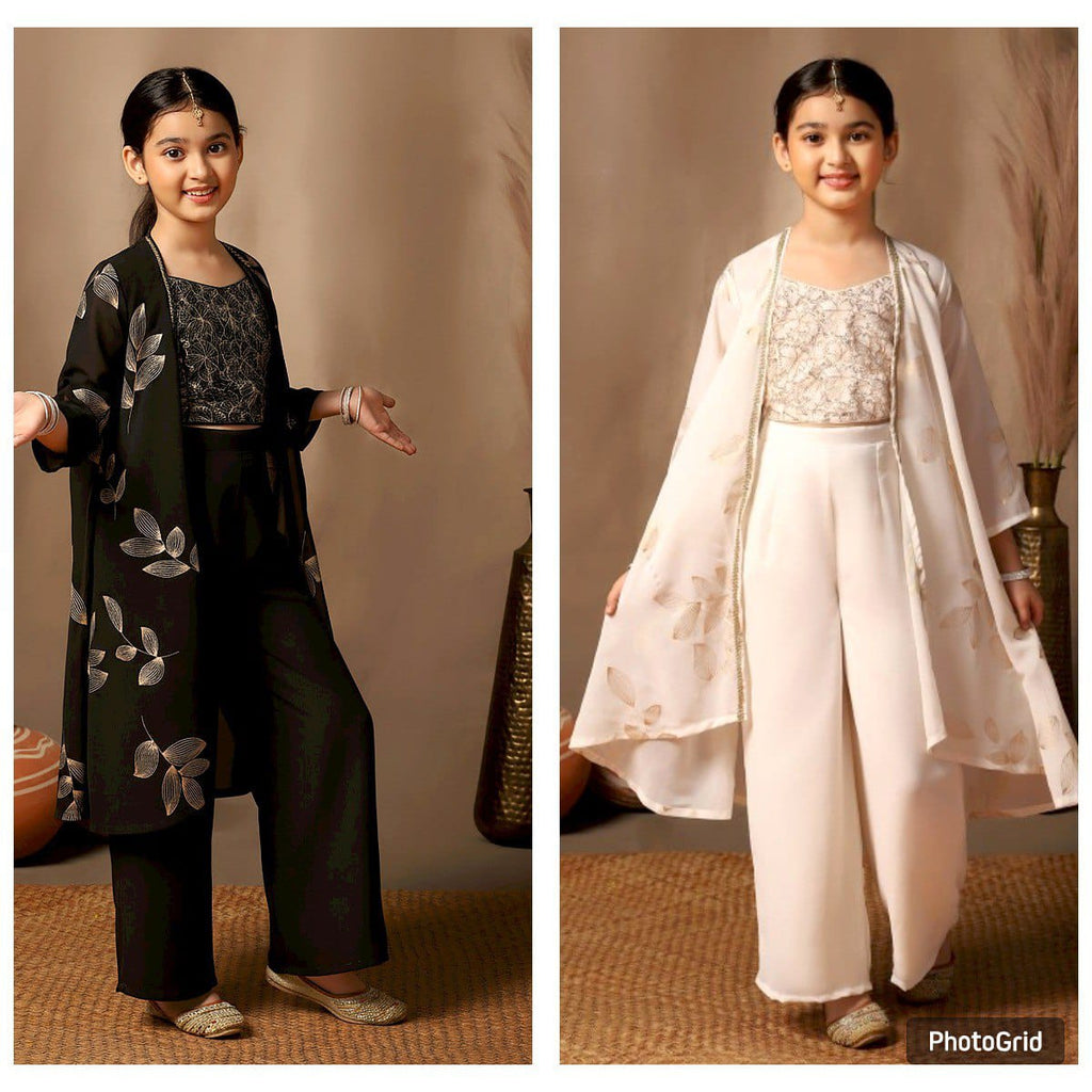 Girls embroidered georgette palazzo set with shrug in black and off-white