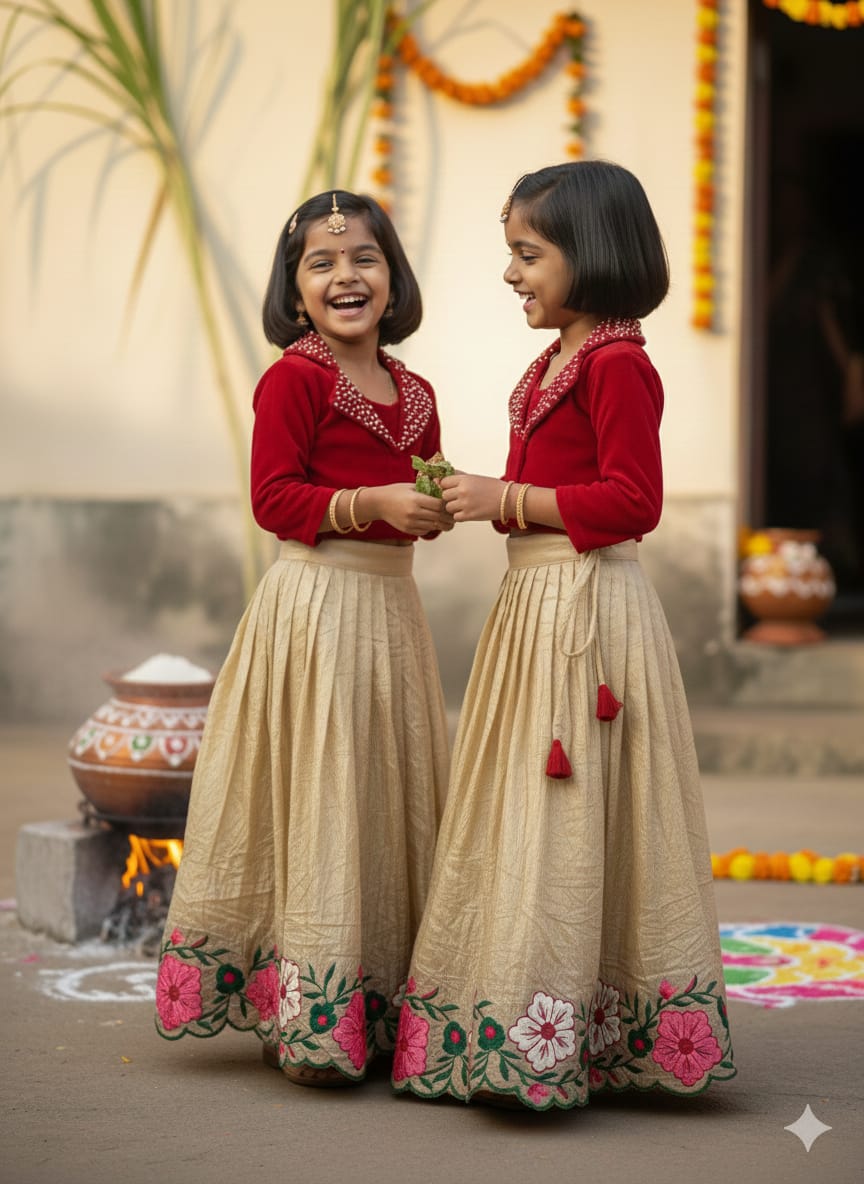 Two young girls in red velvet blouses and golden embroidered lehengas, laughing cheerfully at a festive gathering.