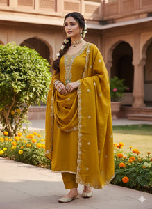 Glamorous Mustard Vichitra Suit - Heavy Embroidery Dress Material for Festive Wear