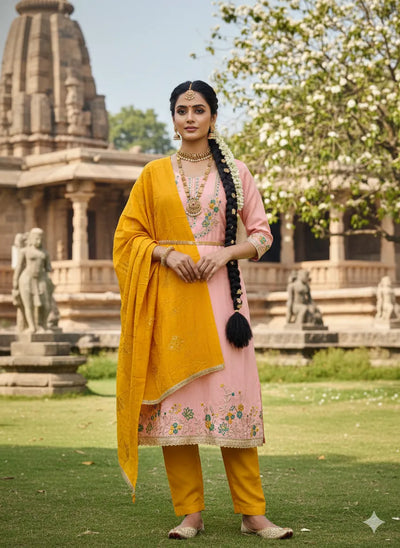 Glamorous Peach Mustard Suit Set - Intricate Embroidery for Festivals
