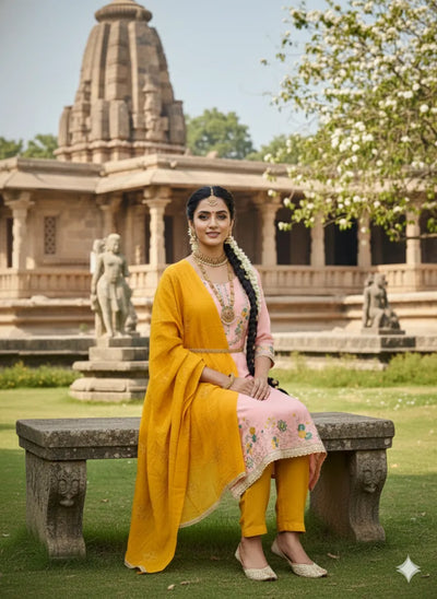 Glamorous Peach Mustard Suit Set - Intricate Embroidery for Festivals