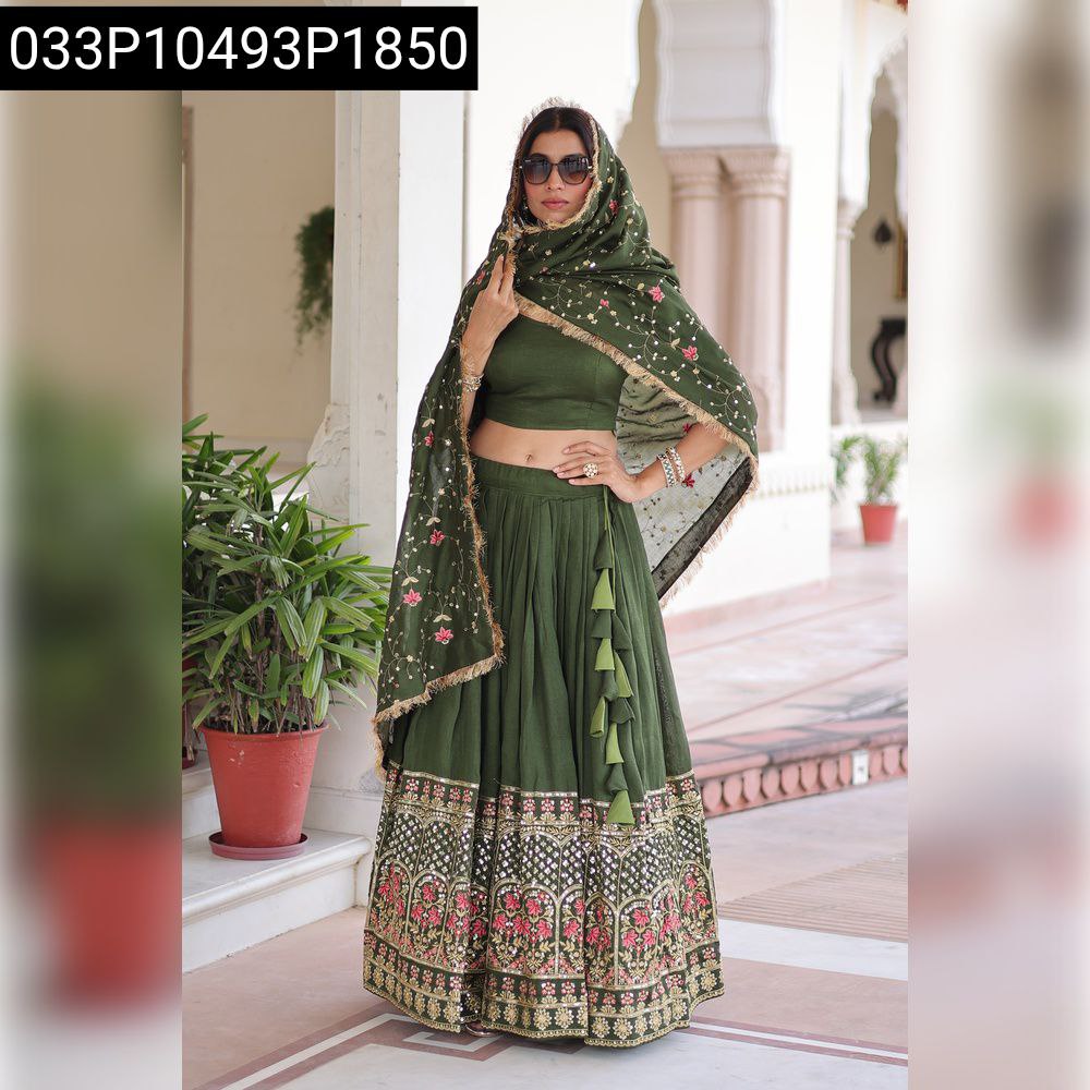 TRENDBUY Olive Green Vichitra Silk Lehenga with heavy sequins and thread embroidery, front view.