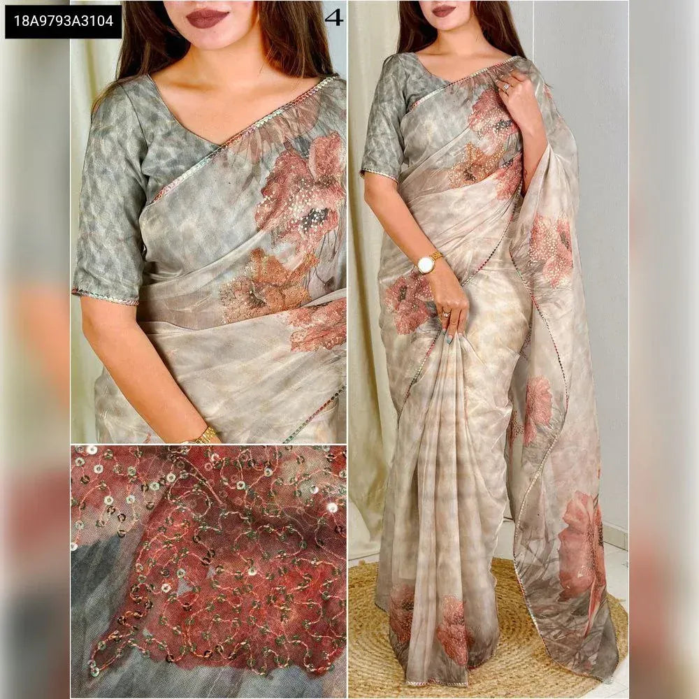 Premium Glass Organza Digital Print Saree with Sequins Work