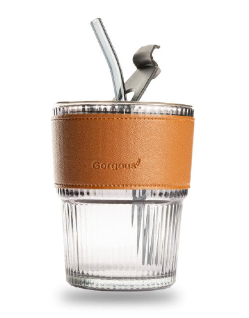 450ml glass tumbler with wooden lid and glass straw, filled with a drink