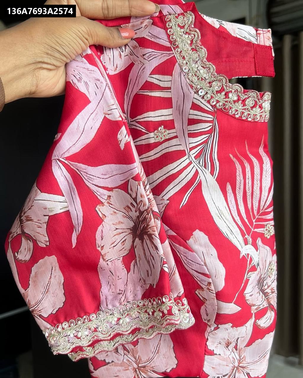 TRENDBUY Gold Crush Saree with Red Floral Blouse on Mannequin Back View