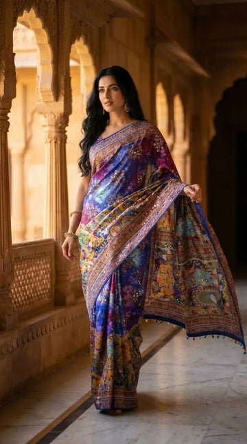 Gorgeous Ajarakh Saree - Real Mirror Work & Piping Border for Festive Elegance