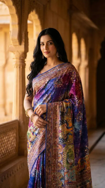 Gorgeous Ajarakh Saree - Real Mirror Work & Piping Border for Festive Elegance
