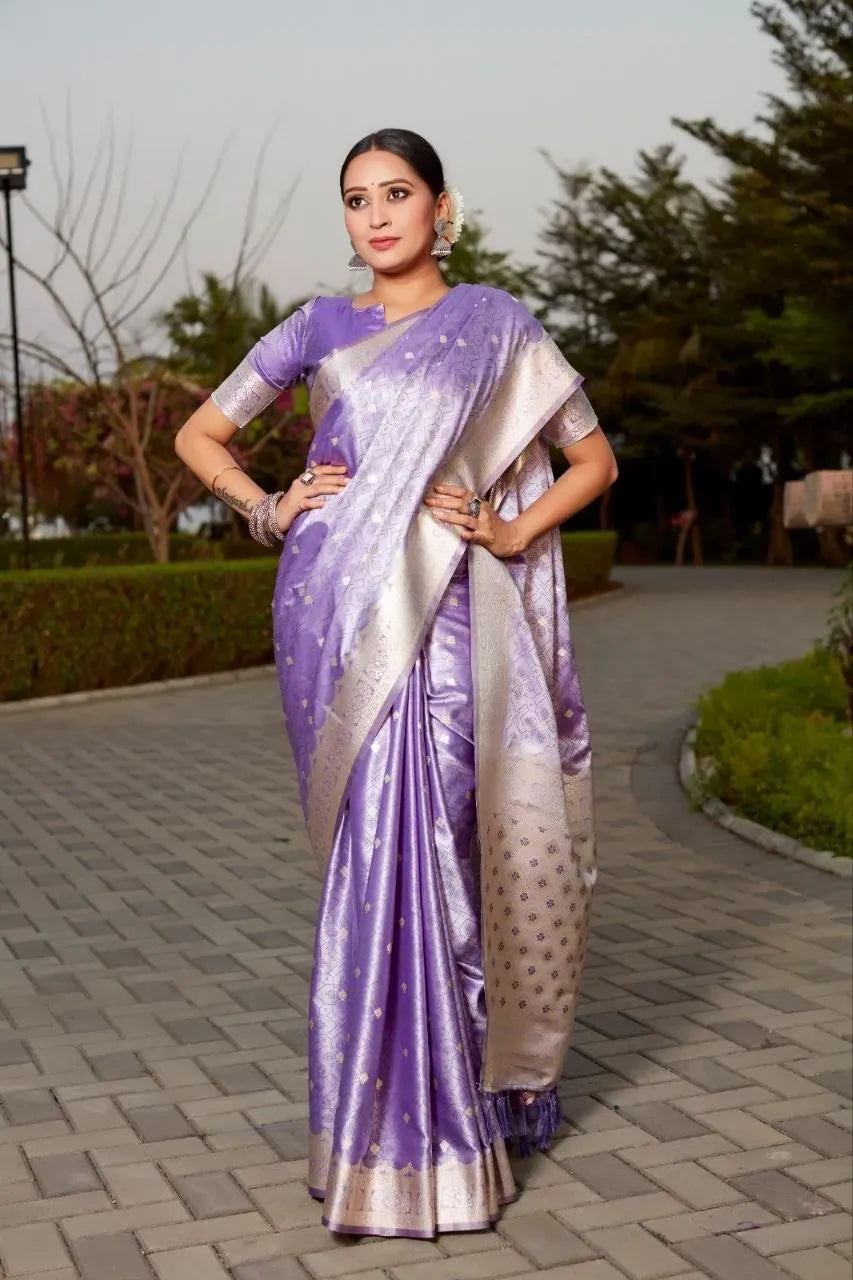 Model wearing a lavender dola silk saree with silver zari border