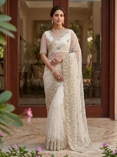 Gorgeous Embroidered Net Saree - Pearl & Diamond Work for Festive & Wedding Wear