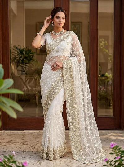 Gorgeous Embroidered Net Saree - Pearl & Diamond Work for Festive & Wedding Wear