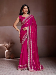 Premium Fendy Chiffon Embroidered Saree with Elegant Cutwork Border for Weddings & Festive Wear