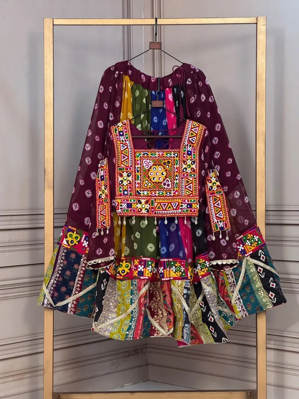 Multicolor georgette lehenga choli with traditional Kutchi Gamthi embroidered blouse and patchwork patterned skirt