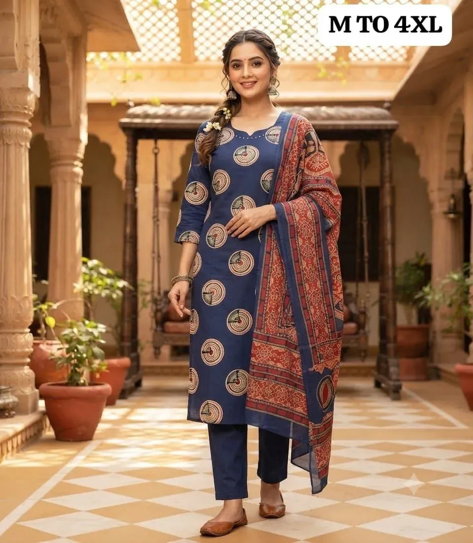 Front view of woman wearing blue Jaipuri printed cotton kurti with dupatta