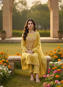 Gorgeous Mustard Simar Jacquard Suit - Unstitched Festive Wear for Women