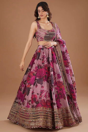 Gorgeous Pink Organza Lehenga Choli with Floral Print & Sequin Work for Wedding & Festive Wear