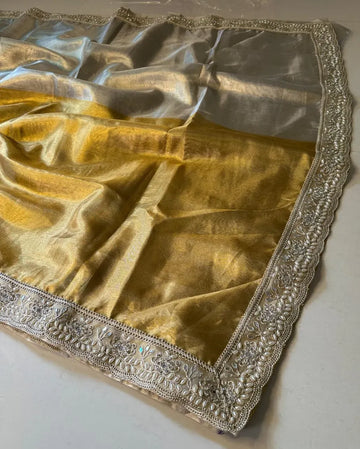 Gorgeous Two-Tone Metallic Banarasi Tissue Silk Saree - Luxe Pearl & Mirror Lace Border for Grand Celebrations