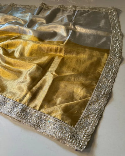 Gorgeous Two-Tone Metallic Banarasi Tissue Silk Saree - Luxe Pearl & Mirror Lace Border for Grand Celebrations