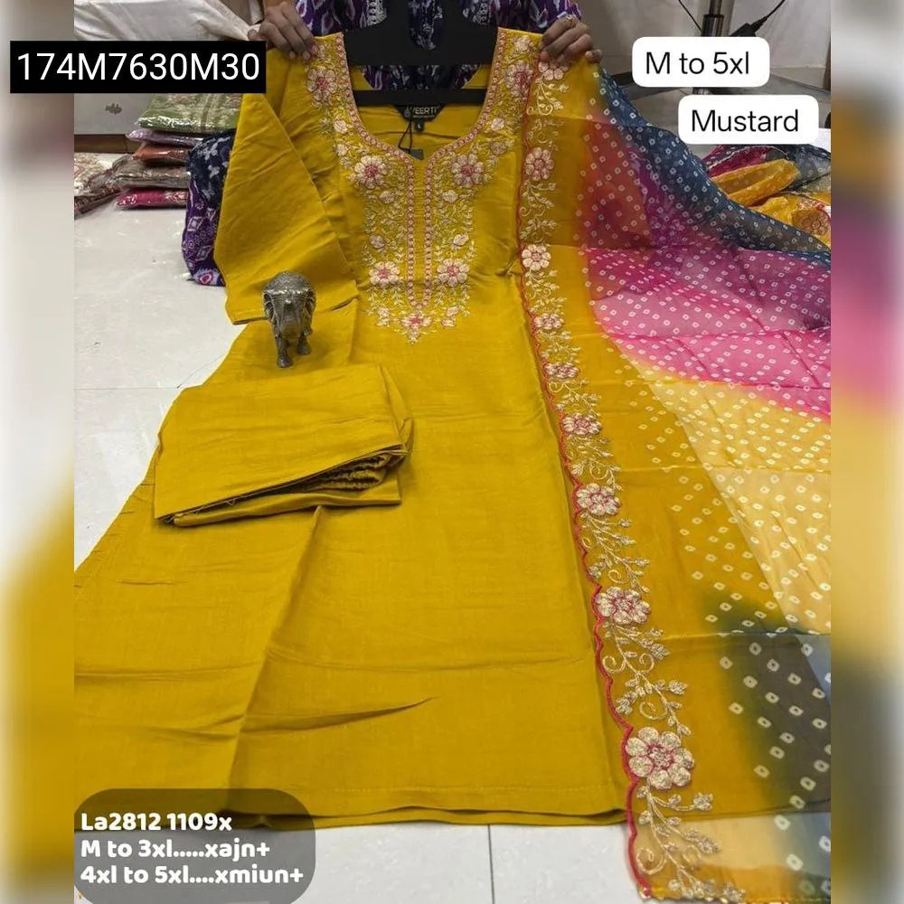 TRENDBUY Roman Silk Kurti Set in Mustard with Gota Pati and Embroidery, paired with designer multi-color bandhani dupatta.