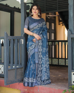 Graceful Blue Floral Linen Saree for Women | Festive & Workwear by LINEN