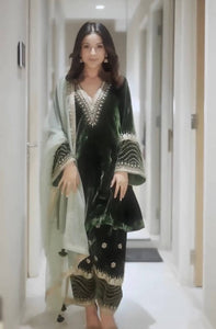 Green Embroidered Velvet Silk Women's Kurti Pant Set | Party Wear
