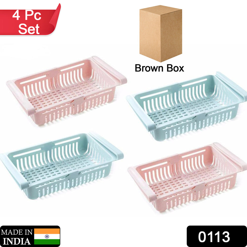 Adjustable sliding fridge storage baskets (4 pc set) neatly organizing food inside a refrigerator.