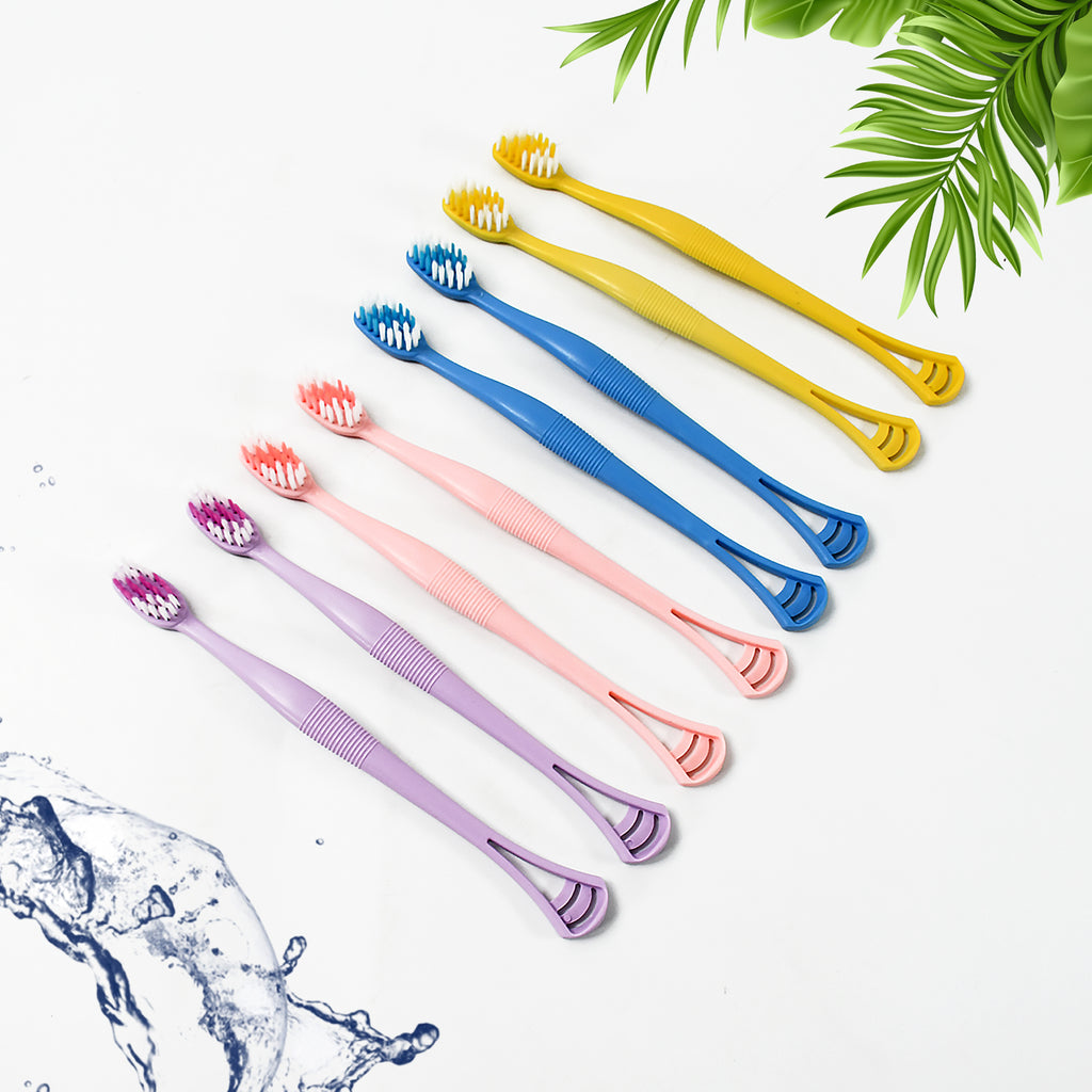 Pack of 8 2-in-1 soft bristle toothbrushes with tongue scrapers and long handles for oral care.
