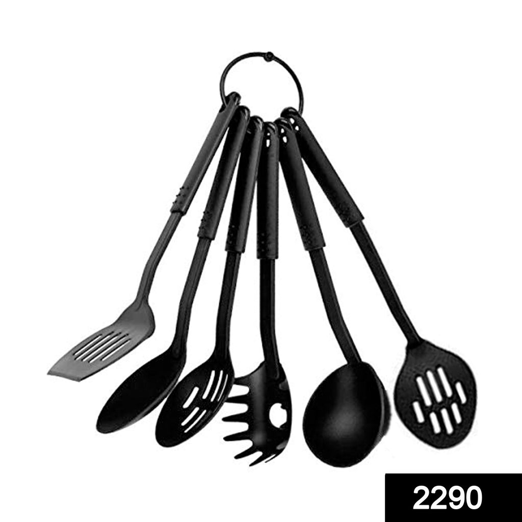 2290 heat-resistant non-stick spoon tools set of 6, featuring dark heads and natural wood handles