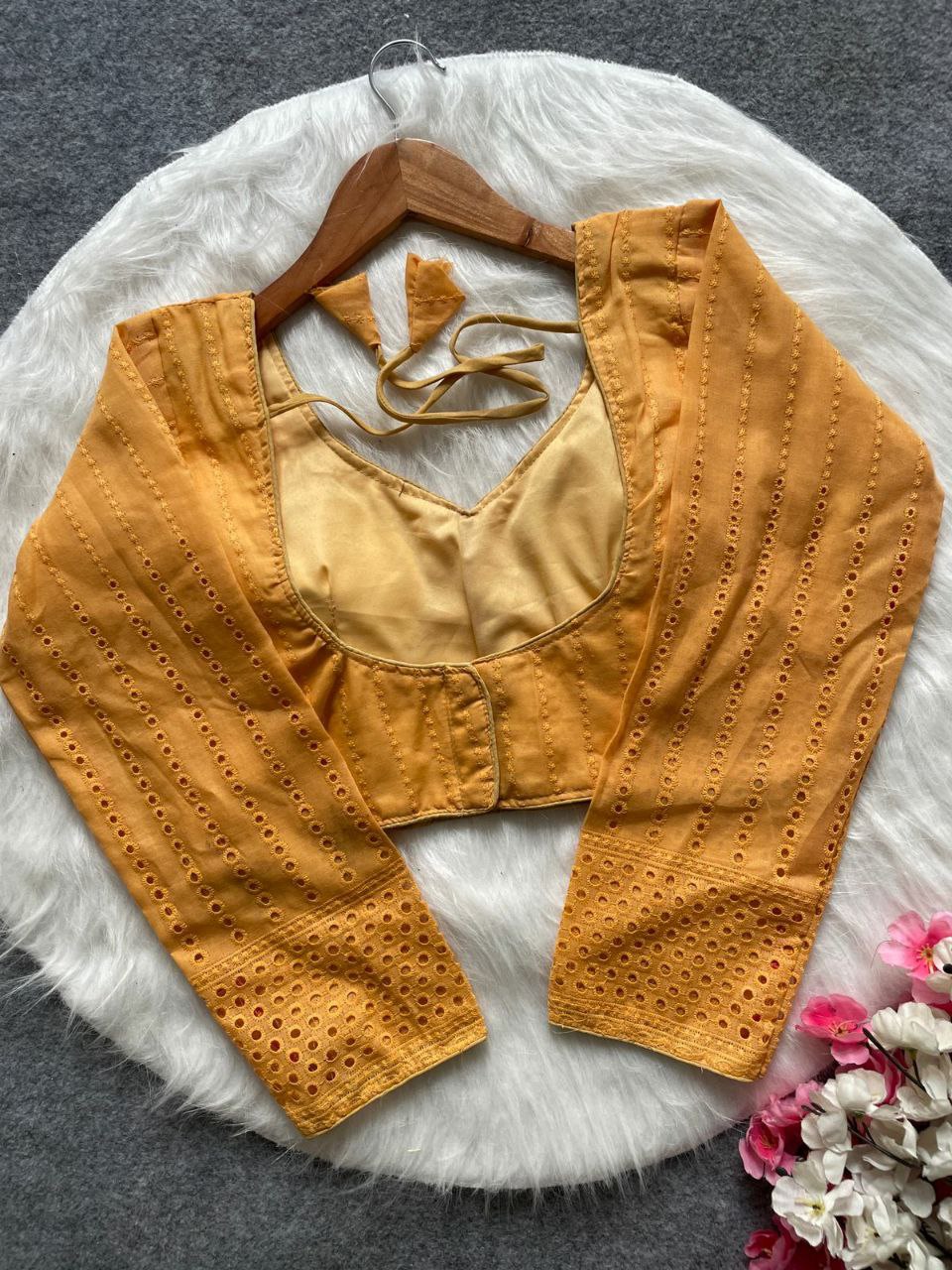 TRENDBUY Mustard Yellow Pure Cotton Hakoba Full Sleeve Blouse