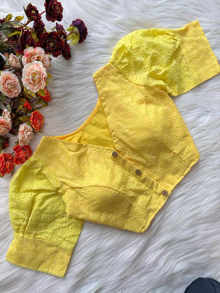 TRENDBUY Yellow Pure Cotton Hakoba Puff Sleeve Blouse for Women