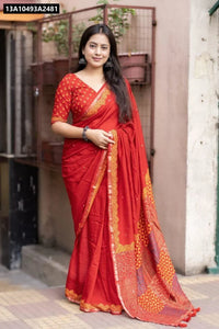 Tomato Red Hand-block Printed Chanderi Cotton Saree for Women - Festive & Ethnic Wear Online