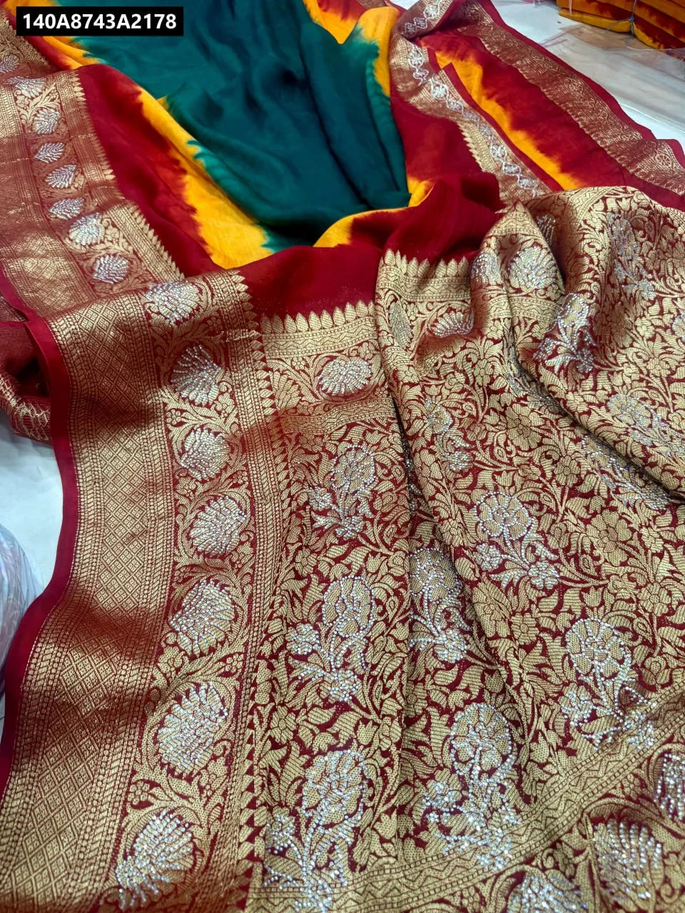 Hand-Dyed Cotton Silk Saree with elaborate border and pallu design, full view.
