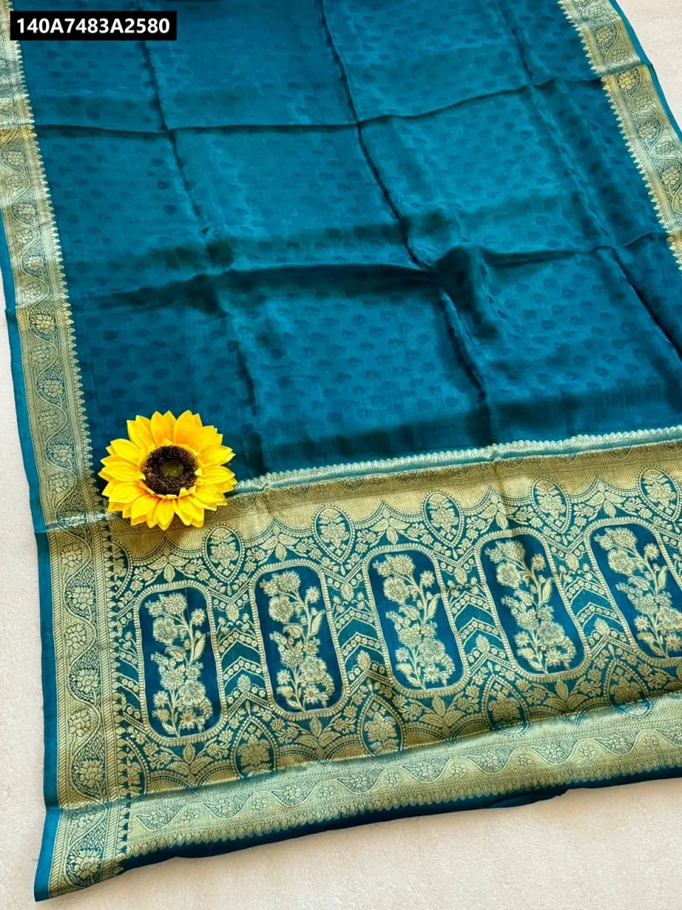 Teal Blue Hand Dyed Cotton Silk Saree with Gold Border