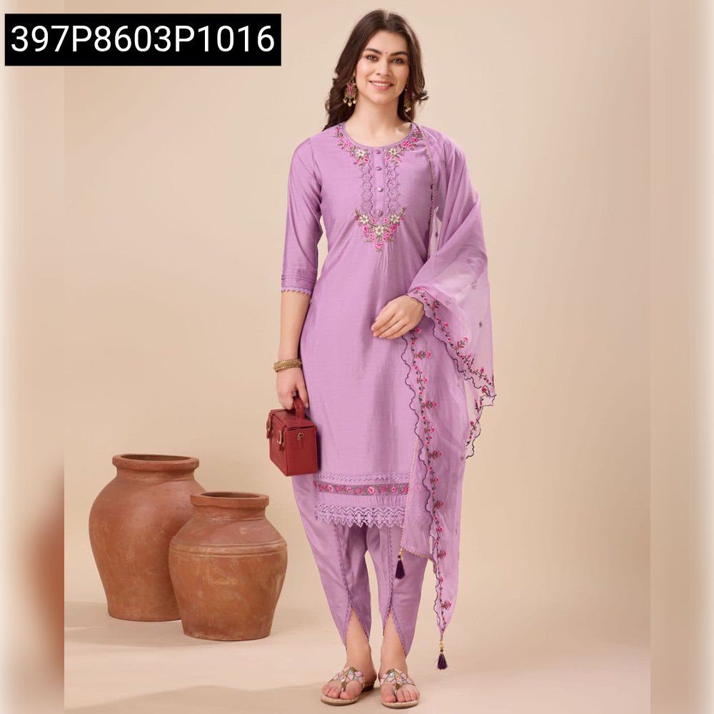 Full body shot of a woman in a lavender hand embroidered viscose silk kurta set with dhoti pants and an organza dupatta, smiling.