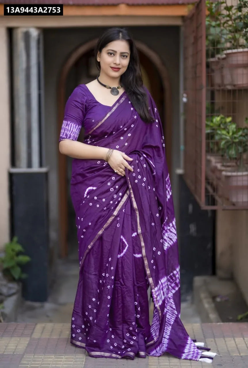 Model posing elegantly in a purple Chanderi Hand Tied Bandhani Saree with Aari mirror blouse.