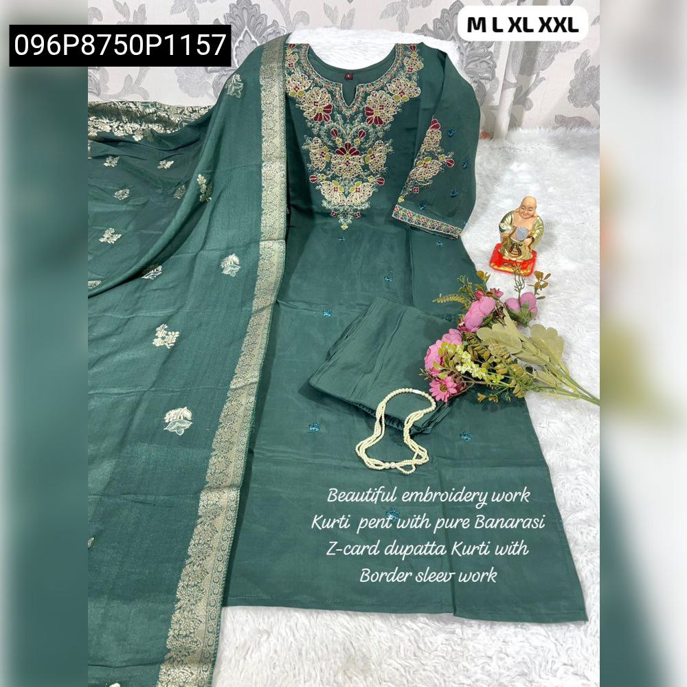 Emerald Green Hand Work Embroidered Kurti Pant Set with Dupatta on white background