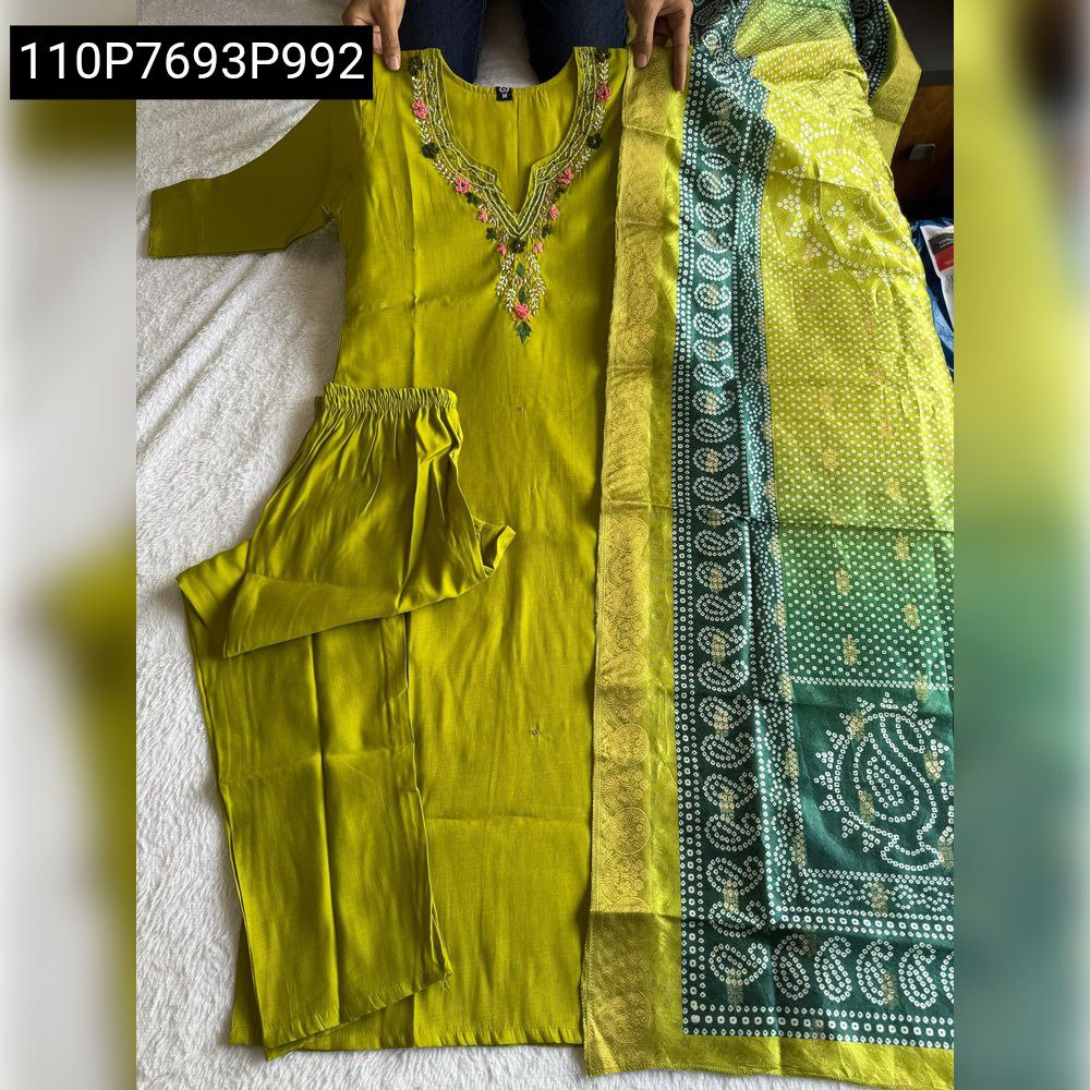 Parrot Green Roman Silk Salwar Suit with Hand Work and Lichi Silk Jacquard Dupatta, laid flat