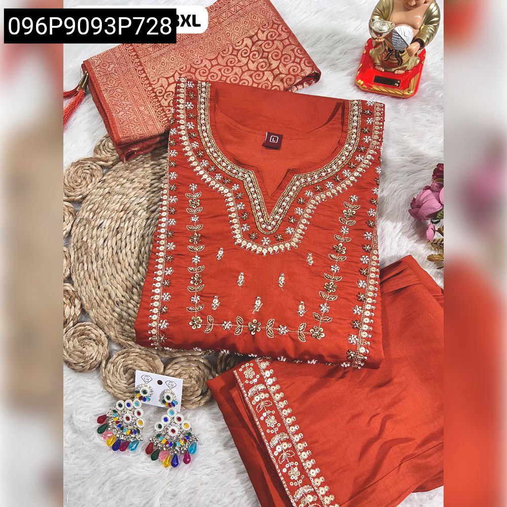 Elegant Rust Orange Hand Work Kurti Set with Dupatta and Pant, featuring intricate embroidery on neckline and sleeves, paired with colorful earrings.