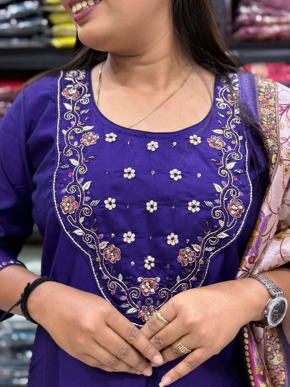 Close-up of Deep Purple Hand Work Kurti with intricate embroidery details on the neckline.