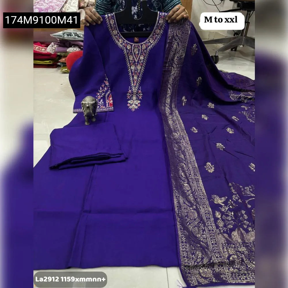 Royal Blue Maslin Kurti set with intricate hand work and Banarasi dupatta, displayed flat.