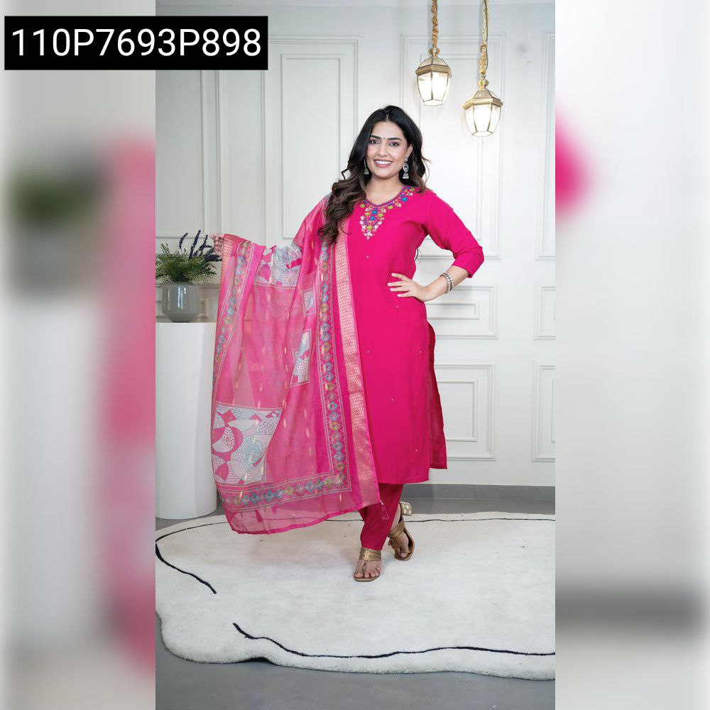 Women's Pink Roman Silk Hand Work Kurta Set with Chanderi Dupatta, front pose