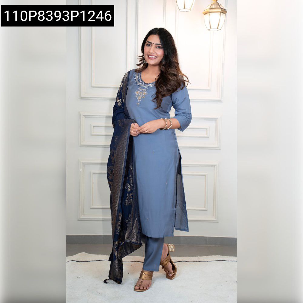 Women's Steel Blue Roman Silk Suit with Hand Work and Jacquard Dupatta, full pose.