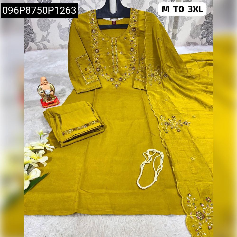 Mustard Yellow Women's Hand Work Viscose Kurti Set with Dupatta and Pants, full view on hanger