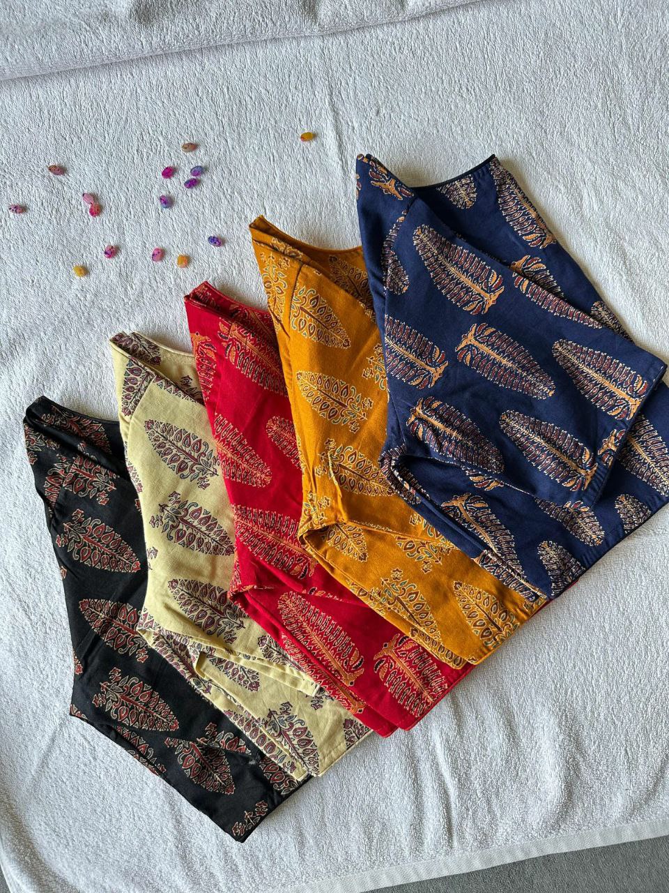 TRENDBUY HandBlock Cotton Boat Neck Blouses in a spectrum of colors: Black, Cream, Red, Mustard, Navy Blue