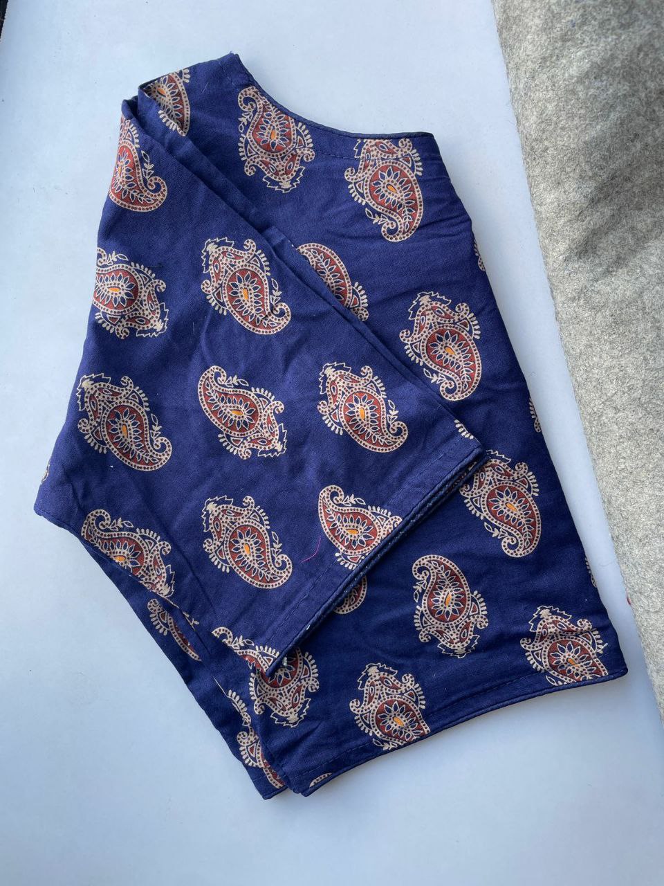 TRENDBUY Handblock Cotton Boatneck Blouse in Royal Blue with Paisley Print