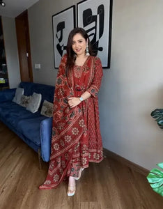 Handcrafted Cotton Ajrakh Print Suit Set - Elegant Festive Wear with Dupatta