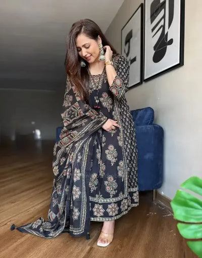 Handcrafted Cotton Ajrakh Print Suit Set - Elegant Festive Wear with Dupatta