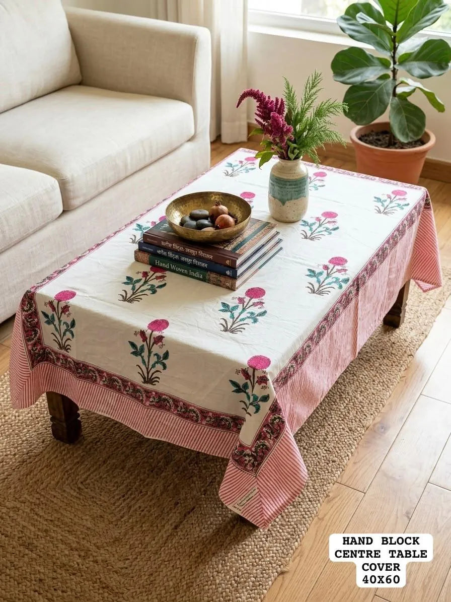 Pink floral hand block printed cotton center table cover 40x60