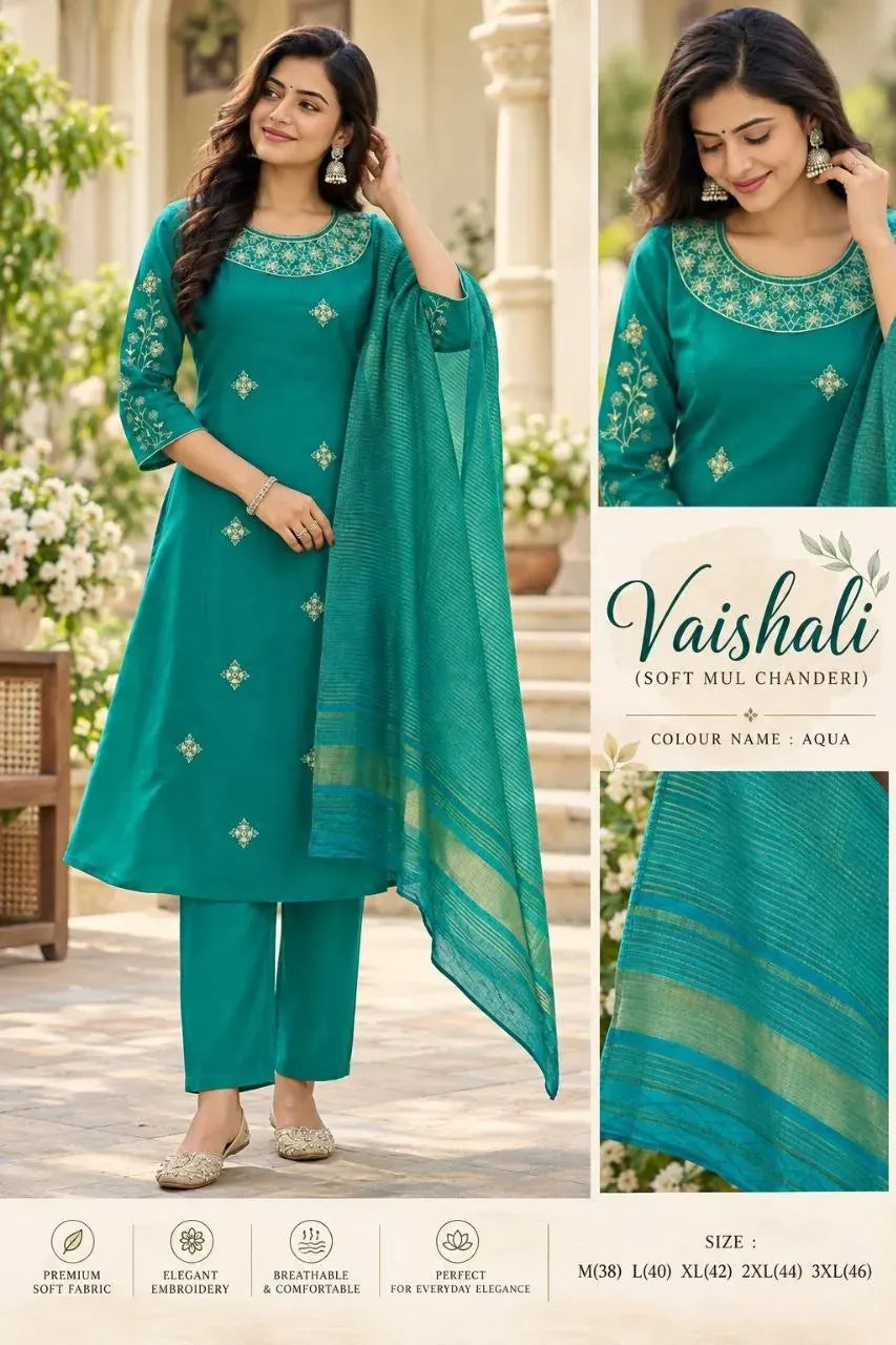 Model wearing aqua blue cotton kurta set with dupatta