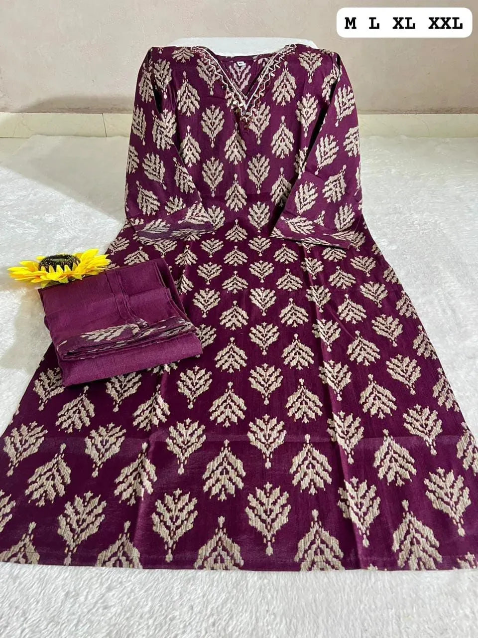 Purple cotton straight kurti with white ethnic motifs and matching pant