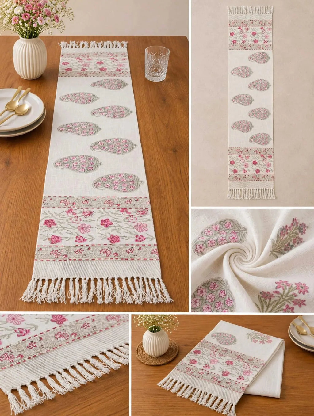 Pink paisley handblock printed jute textured table runner on wooden dining table
